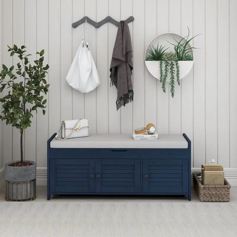 Storage Bench with 3 Shutter-shaped Doors, Removable Cushion and Hidden Storage Space - 43.5L x 16W x 18H