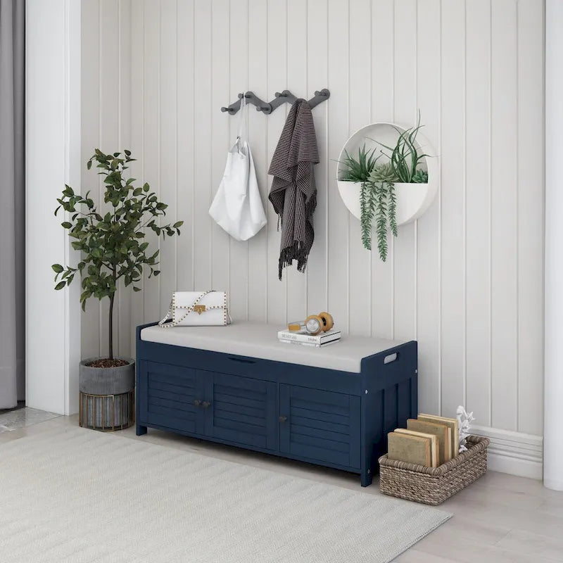Storage Bench with 3 Shutter-shaped Doors, Removable Cushion and Hidden Storage Space - 43.5L x 16W x 18H