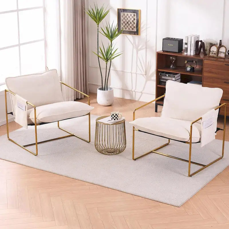Upholstered Hanging Armchairs with Arm Pockets, Metal Frame,Set of 2