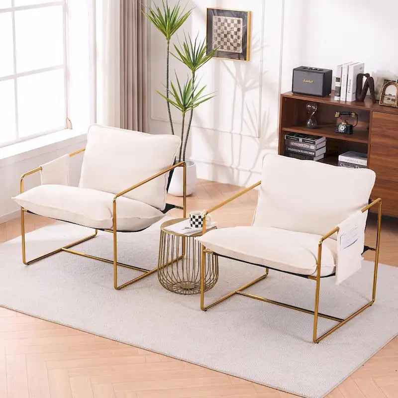 Upholstered Hanging Armchairs with Arm Pockets, Metal Frame,Set of 2