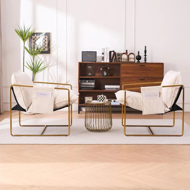 Upholstered Hanging Armchairs with Arm Pockets, Metal Frame,Set of 2