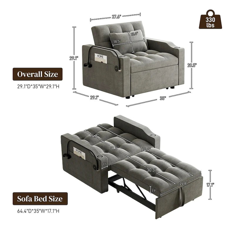 Ouyessir 3 in 1 Multi-Functional Convertible Single Sleeper Sofa Bed for Small Living Spaces
