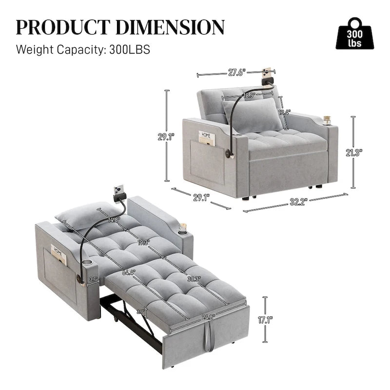 Ouyessir 3 in 1 Multi-Functional Convertible Single Sleeper Sofa Bed for Small Living Spaces