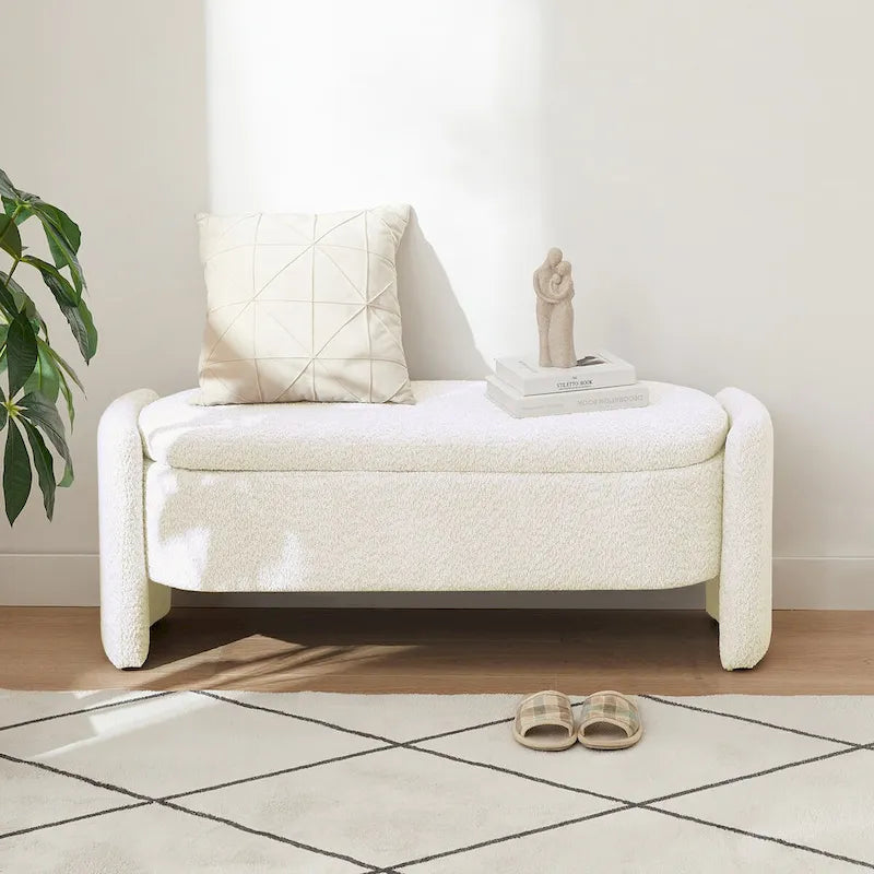 Ottoman Oval Storage Bench 3D Lamb Fleece Fabric Bench with Large Storage Space for the Living Room, Entryway and Bedroom