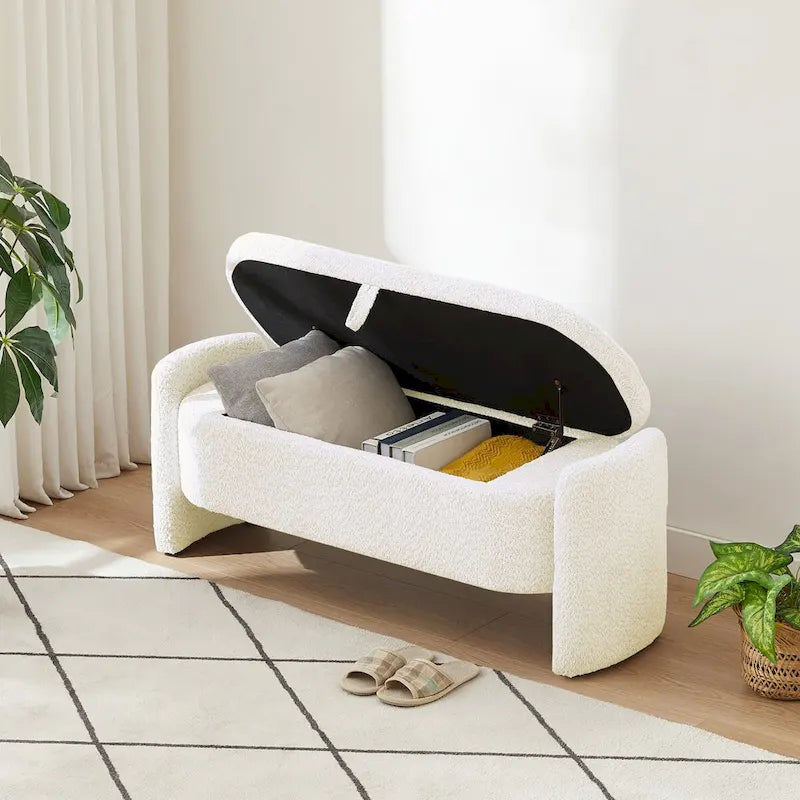 Ottoman Oval Storage Bench 3D Lamb Fleece Fabric Bench with Large Storage Space for the Living Room, Entryway and Bedroom