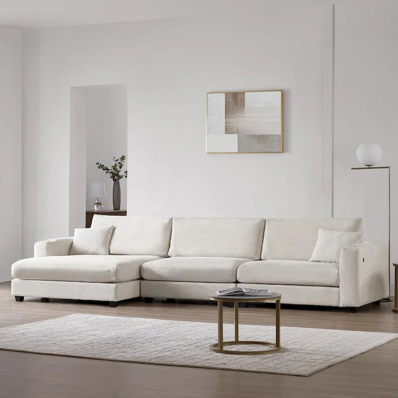 Large L-Shaped Cloud Couch in Beige Corduroy - Deep Seat Sofa Bed with USB, Cup Holder