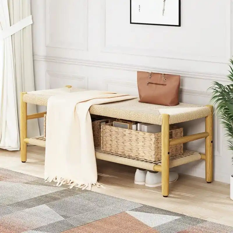 Boho Farmhouse Solid Wood Entryway Shoe Bench with Hand Woven Rope Design and Two Baskets, Natural End To Bed Bench