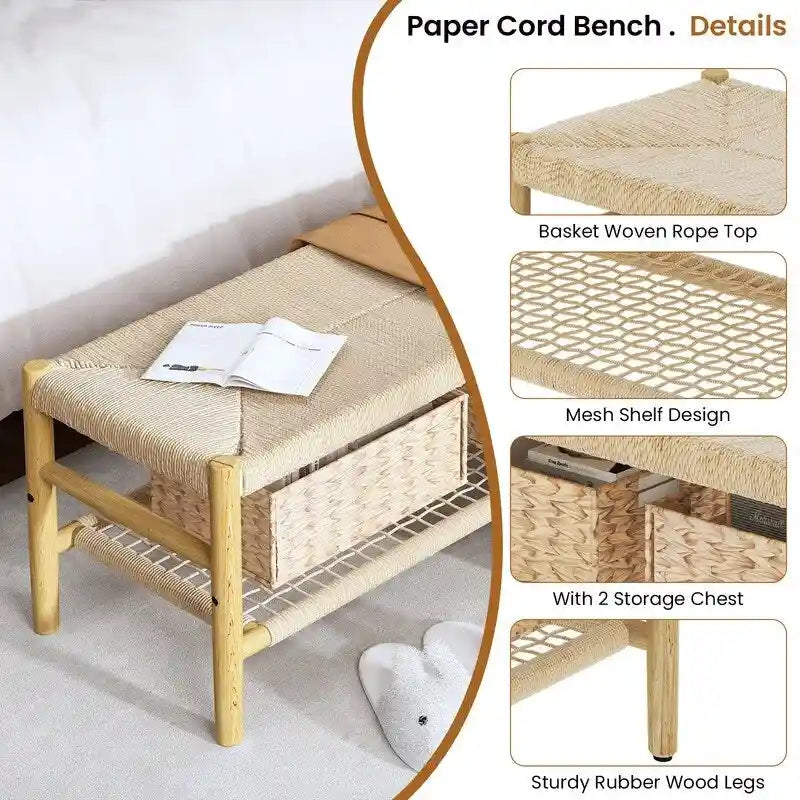 Boho Farmhouse Solid Wood Entryway Shoe Bench with Hand Woven Rope Design and Two Baskets, Natural End To Bed Bench