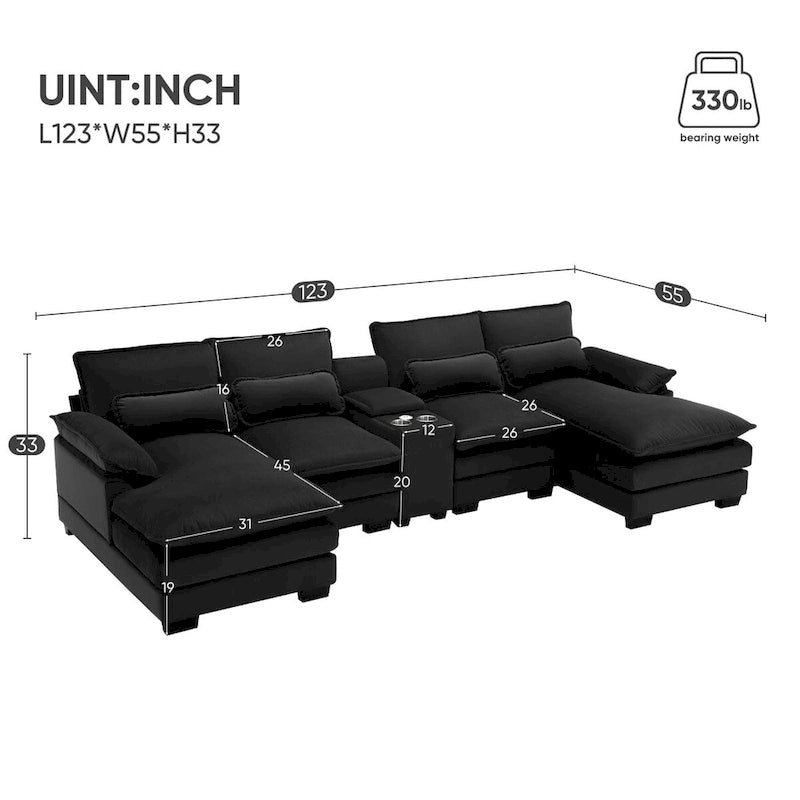 Modern U-shaped Sofa with Console,Cupholders and USB Ports,6-seat Upholstered Symmetrical Indoor Furniture,Black