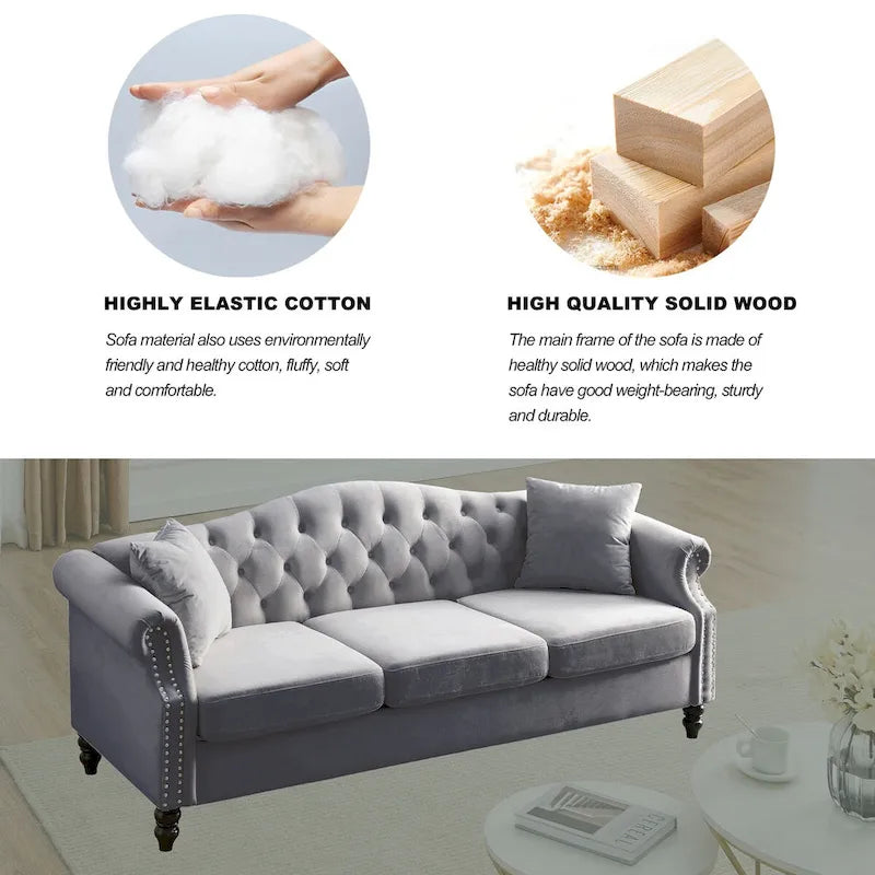 79 Chesterfield Sofa Velvet for Living Room, 3 Seater Sofa Tufted Couch with Rolled Arms and Nailhead ,two pillows
