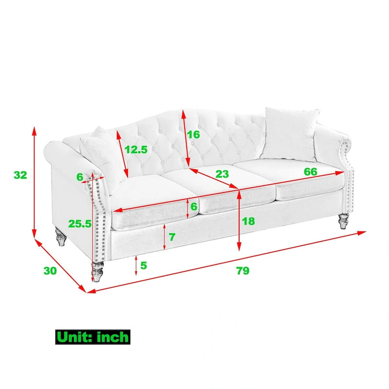 79 Chesterfield Sofa Velvet for Living Room, 3 Seater Sofa Tufted Couch with Rolled Arms and Nailhead ,two pillows