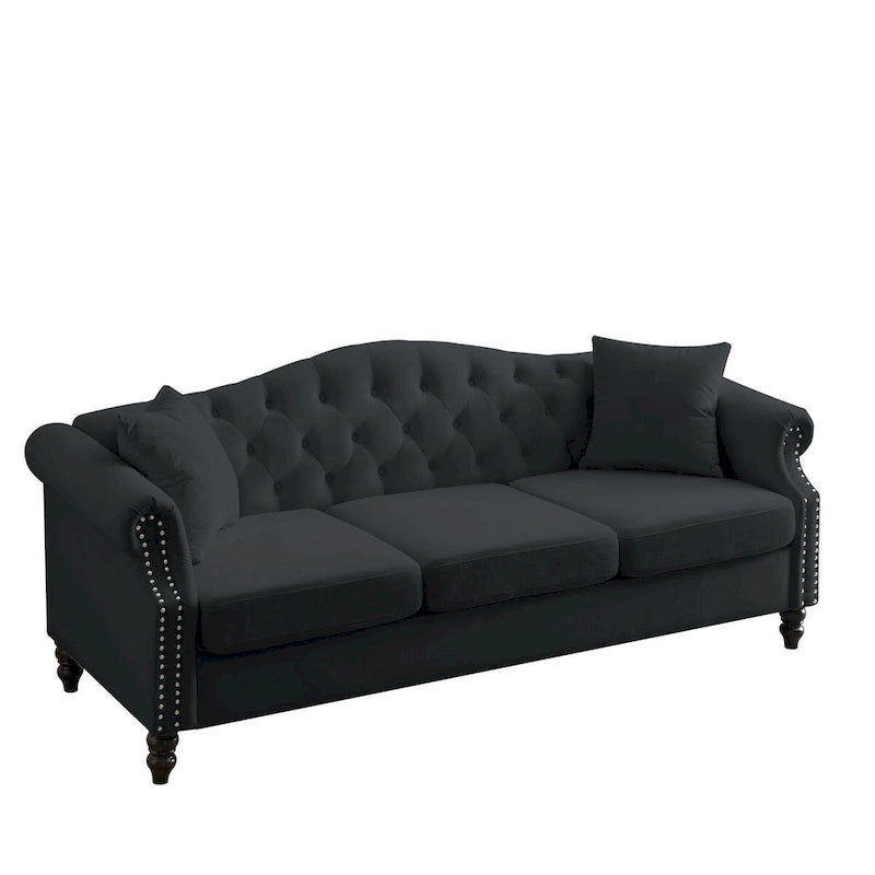 79 Chesterfield Sofa Velvet for Living Room, 3 Seater Sofa Tufted Couch with Rolled Arms and Nailhead ,two pillows