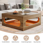 43-Inch Squre Coffee Table with LED Light, 2-tier Wood Cocktail Center Table with Storage for Living Room, Home Office