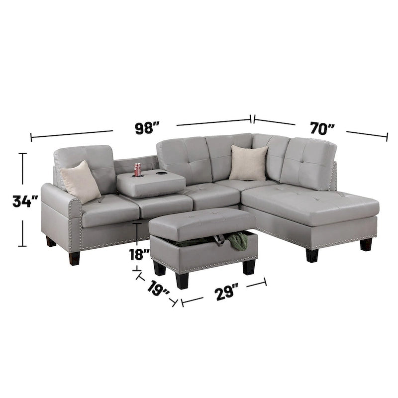 3 Piece Faux Leather Sectional Sofa Set with Storage Ottoman