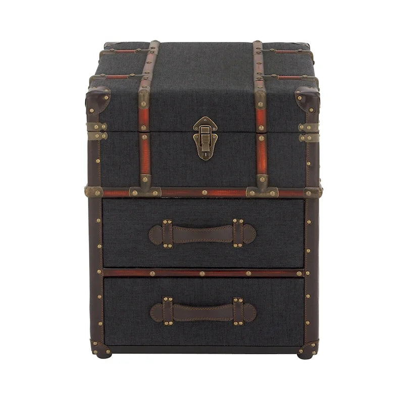 Linen Fabric or Faux Leather 2 Drawer Cabinet or Accent Table with Buckle Hinged Top - Dark Brown or Blue - Roche River Decor
