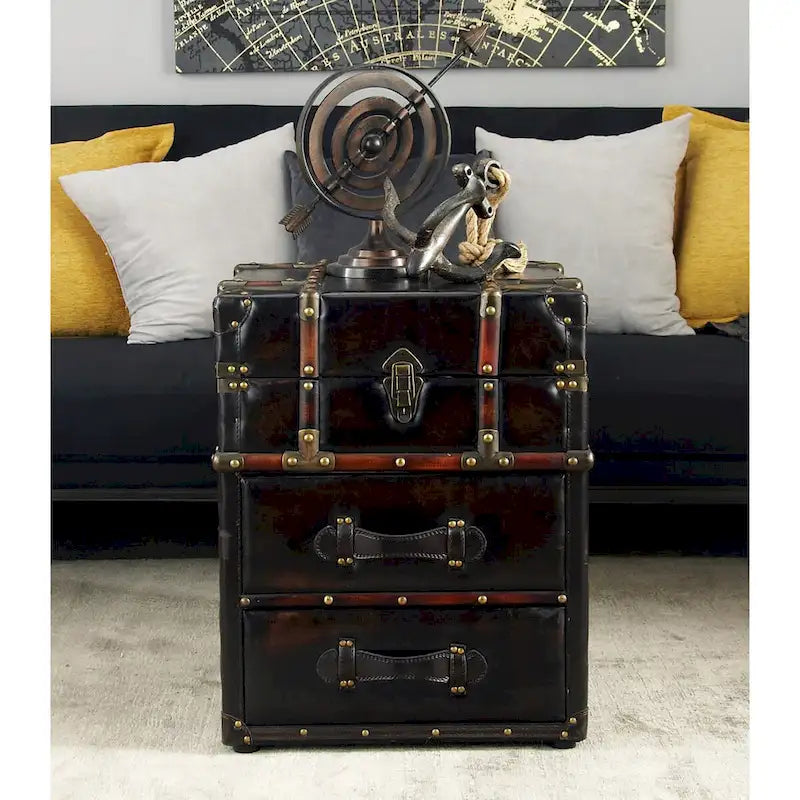 Linen Fabric or Faux Leather 2 Drawer Cabinet or Accent Table with Buckle Hinged Top - Dark Brown or Blue - Roche River Decor