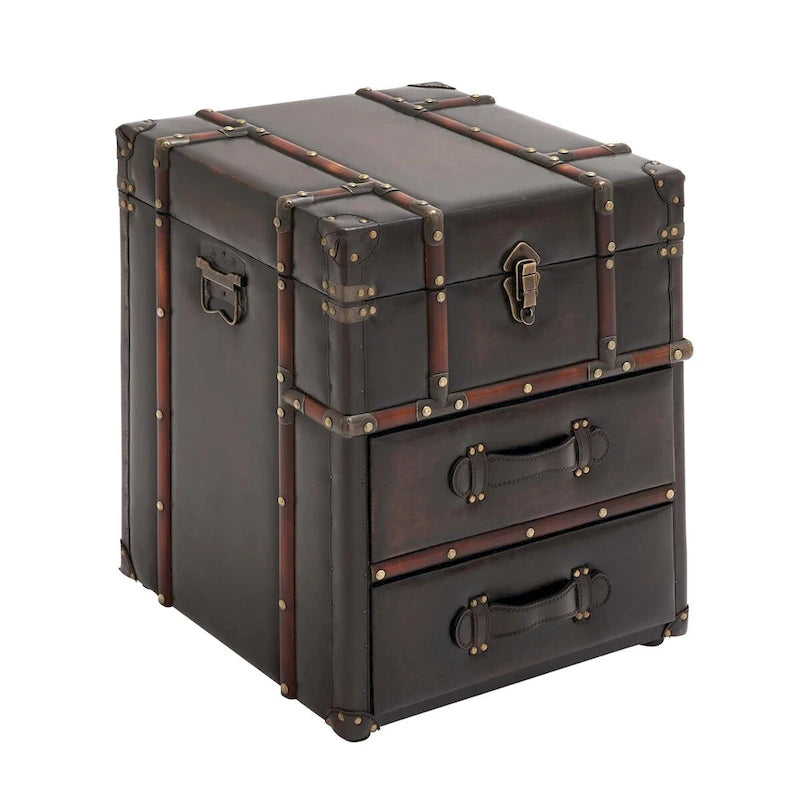 Linen Fabric or Faux Leather 2 Drawer Cabinet or Accent Table with Buckle Hinged Top - Dark Brown or Blue - Roche River Decor