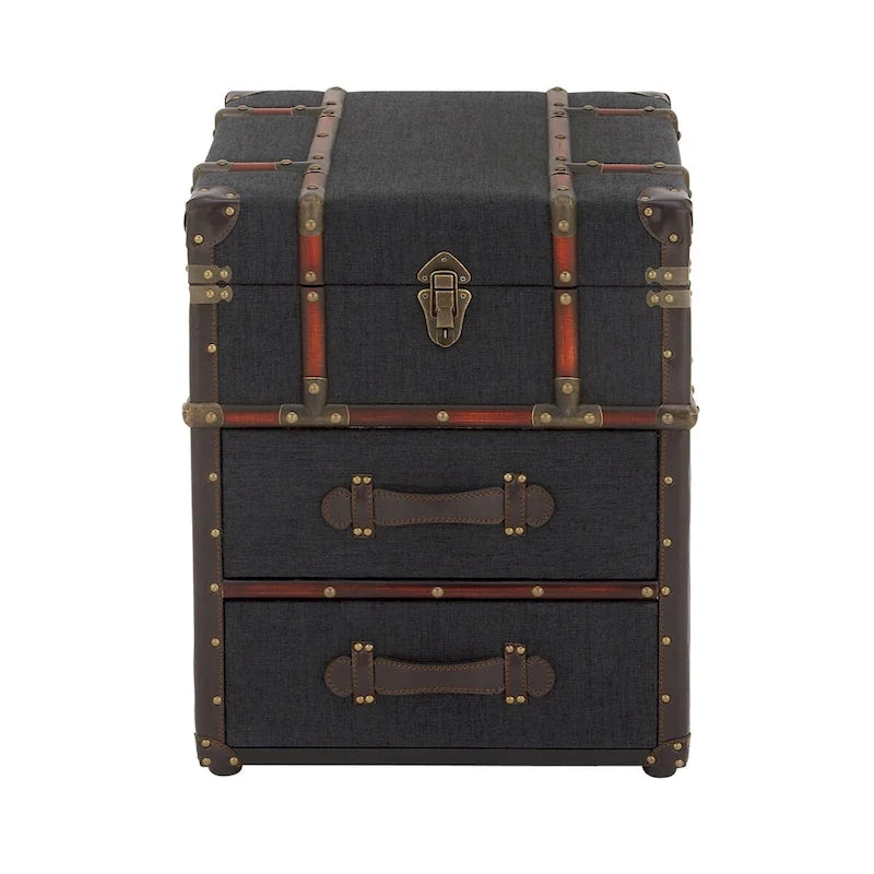Linen Fabric or Faux Leather 2 Drawer Cabinet or Accent Table with Buckle Hinged Top - Dark Brown or Blue - Roche River Decor