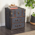 Linen Fabric or Faux Leather 2 Drawer Cabinet or Accent Table with Buckle Hinged Top - Dark Brown or Blue - Roche River Decor