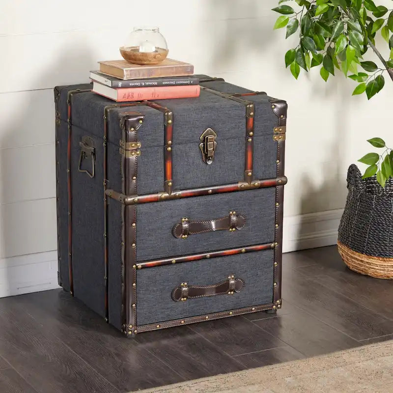 Linen Fabric or Faux Leather 2 Drawer Cabinet or Accent Table with Buckle Hinged Top - Dark Brown or Blue - Roche River Decor
