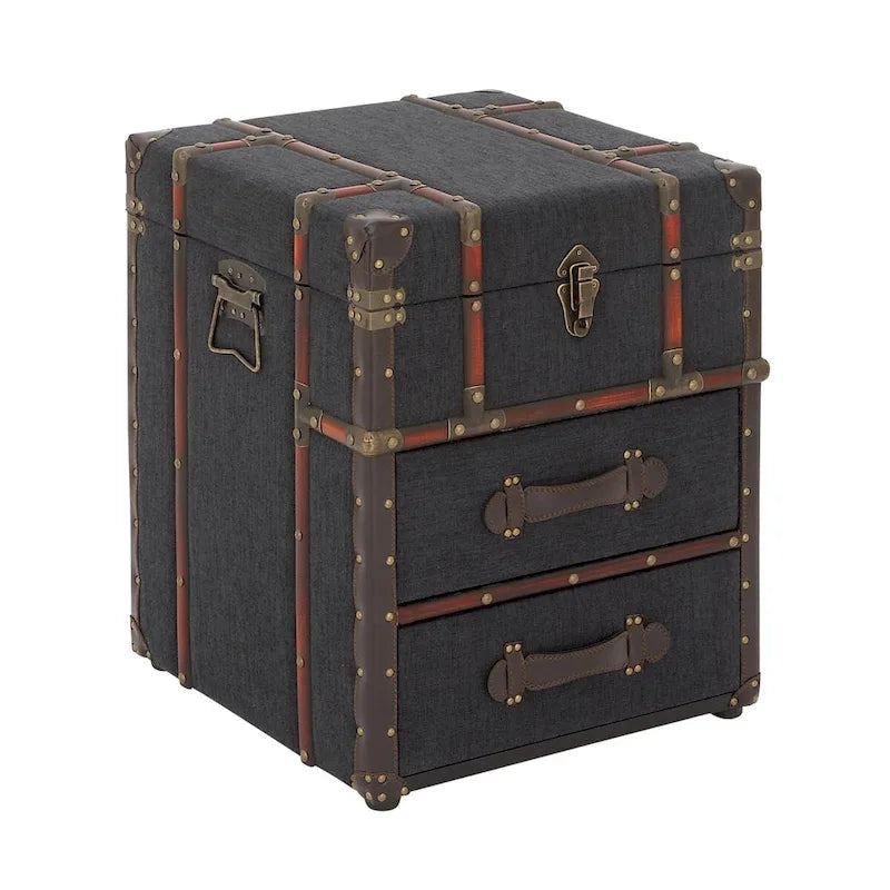 Linen Fabric or Faux Leather 2 Drawer Cabinet or Accent Table with Buckle Hinged Top - Dark Brown or Blue - Roche River Decor
