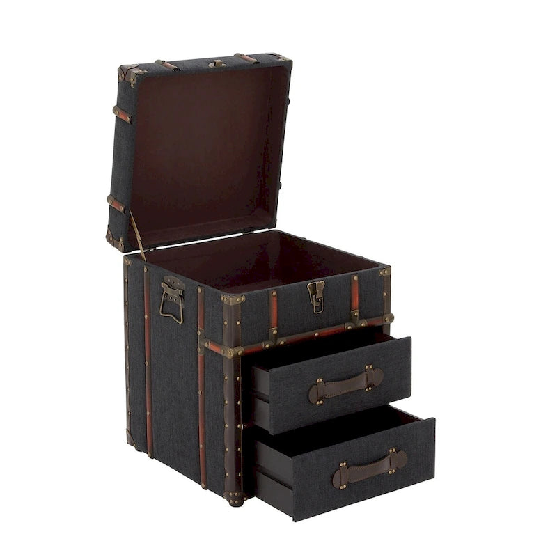 Linen Fabric or Faux Leather 2 Drawer Cabinet or Accent Table with Buckle Hinged Top - Dark Brown or Blue - Roche River Decor