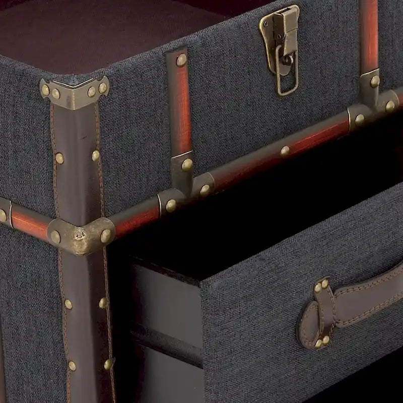Linen Fabric or Faux Leather 2 Drawer Cabinet or Accent Table with Buckle Hinged Top - Dark Brown or Blue - Roche River Decor