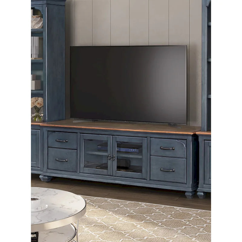 Bridgevine Home Americana 84 in TV Stand for TVs up to 90 inches, No Assembly Required, Corduroy Blue Finish