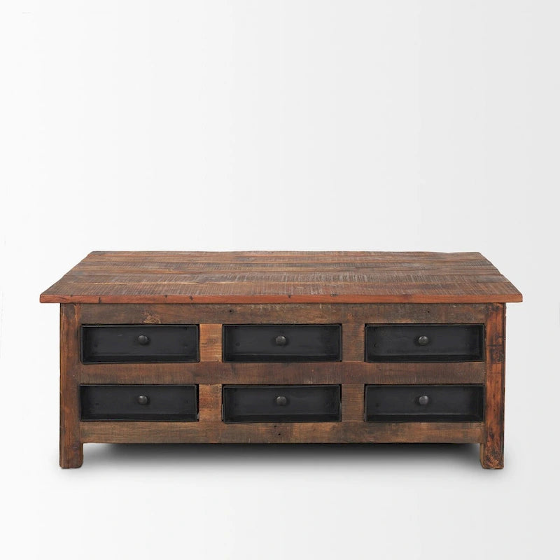 Wilton Brown Wood w/ 12 Black Metal Drawers Coffee Table
