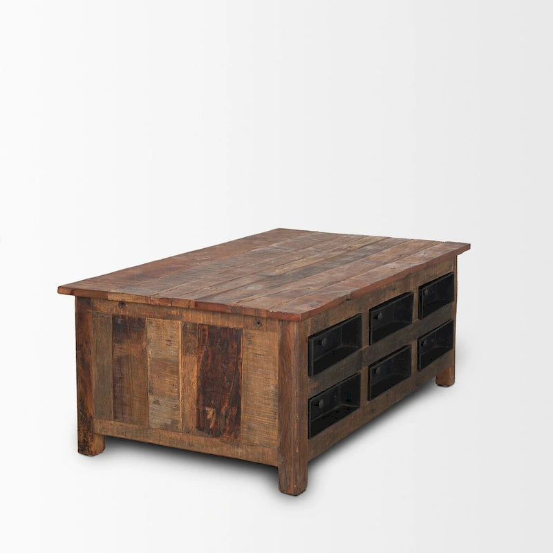 Wilton Brown Wood w/ 12 Black Metal Drawers Coffee Table
