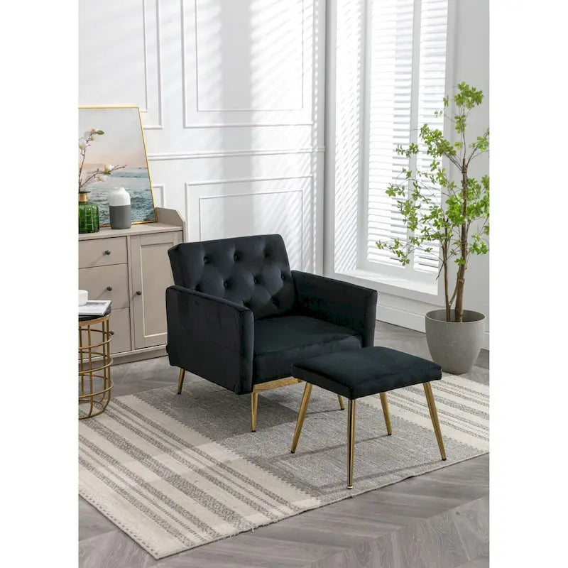 Velvet Accent Chair with Adjustable Armrests and Backrest, Button Tufted Lounge Chair, Single Recliner Armchair with Ottoman