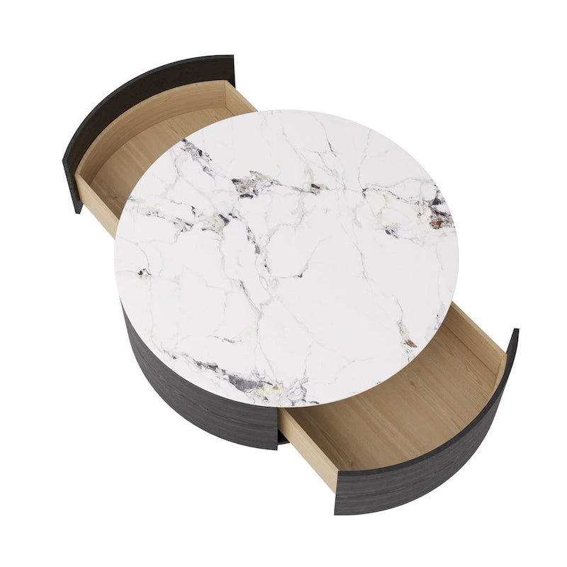 Modern Round Coffee Table with 2 Drawers, Sintered Stone Tabletop and Golden Base