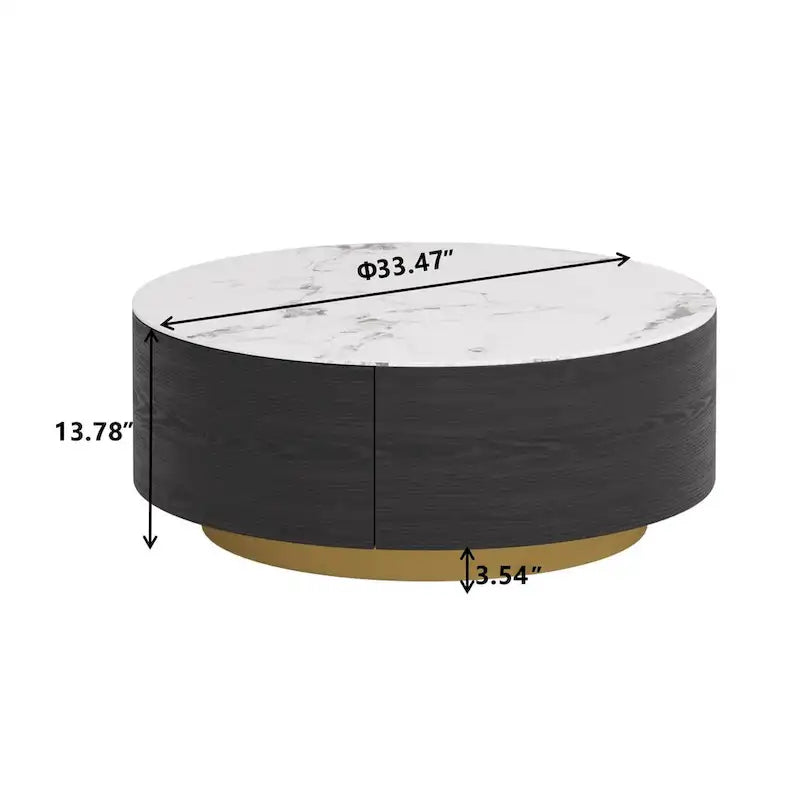 Modern Round Coffee Table with 2 Drawers, Sintered Stone Tabletop and Golden Base