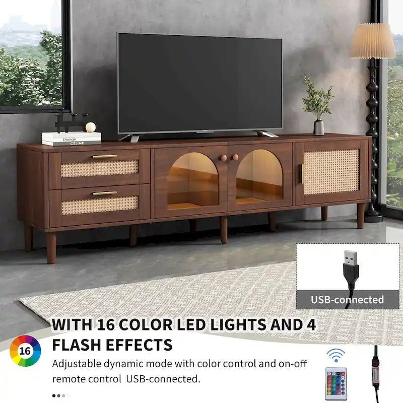 Rattan TV Stand with 3 Cabinets and 2 Drawers for TVs up to 80