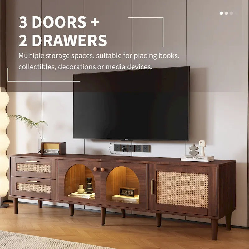 Rattan TV Stand with 3 Cabinets and 2 Drawers for TVs up to 80
