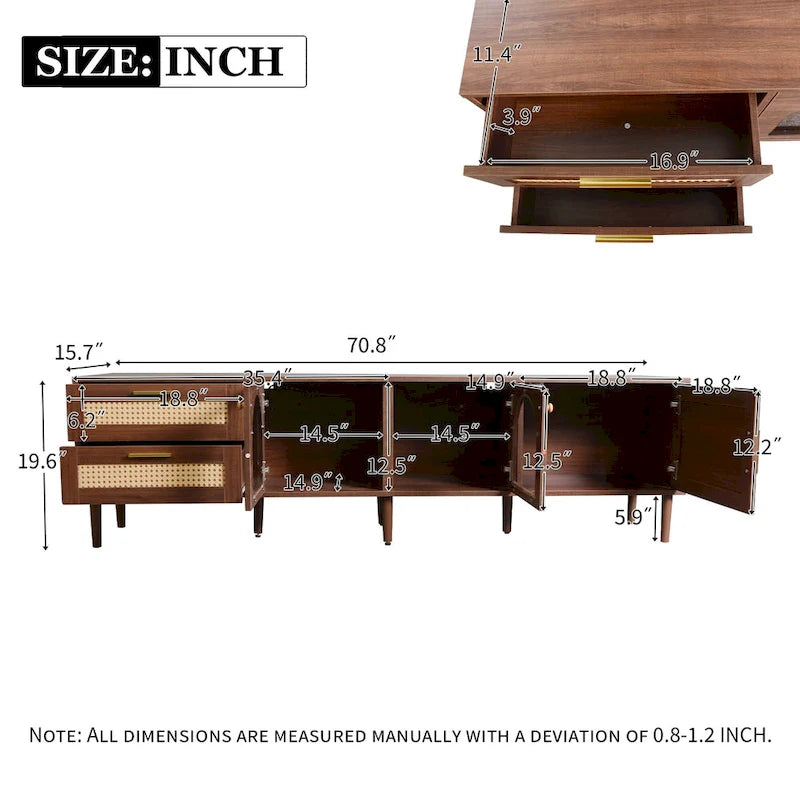 Rattan TV Stand with 3 Cabinets and 2 Drawers for TVs up to 80