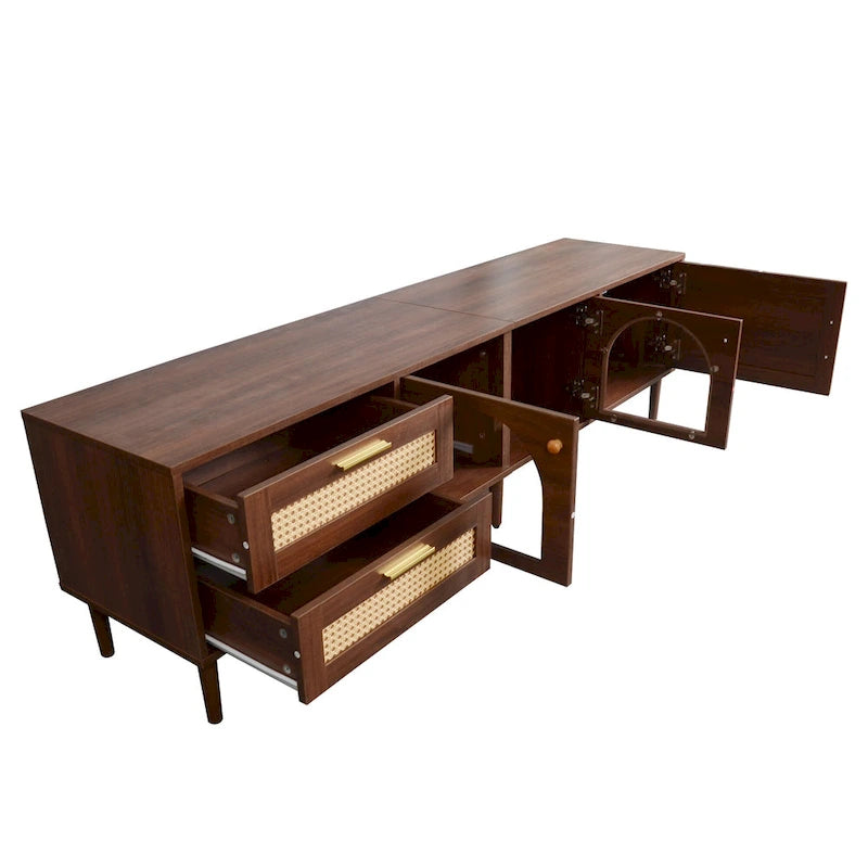 Rattan TV Stand with 3 Cabinets and 2 Drawers for TVs up to 80