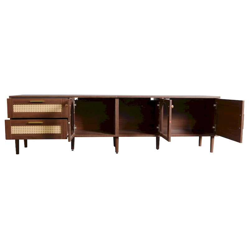 Rattan TV Stand with 3 Cabinets and 2 Drawers for TVs up to 80