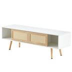 55.12 Rattan TV cabinet, double sliding doors for storage, adjustable shelf, solid wood legs, TV console