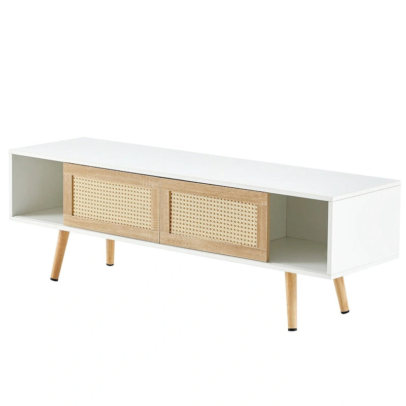 55.12 Rattan TV cabinet, double sliding doors for storage, adjustable shelf, solid wood legs, TV console