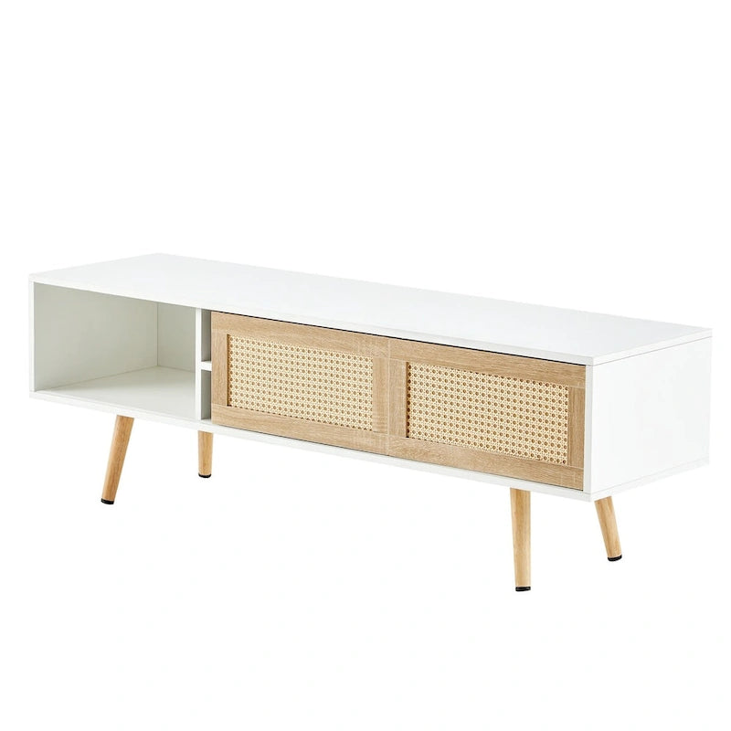 55.12 Rattan TV cabinet, double sliding doors for storage, adjustable shelf, solid wood legs, TV console
