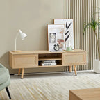 55.12 Rattan TV cabinet, double sliding doors for storage, adjustable shelf, solid wood legs, TV console