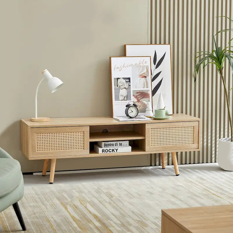 55.12 Rattan TV cabinet, double sliding doors for storage, adjustable shelf, solid wood legs, TV console