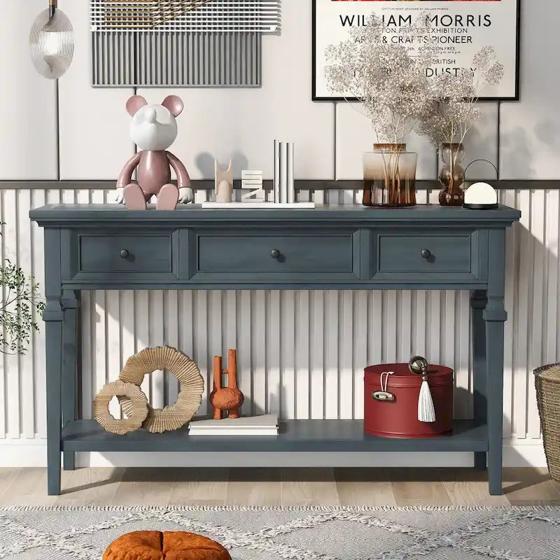 Retro Console Table with 3 Drawers and Bottom Shelf