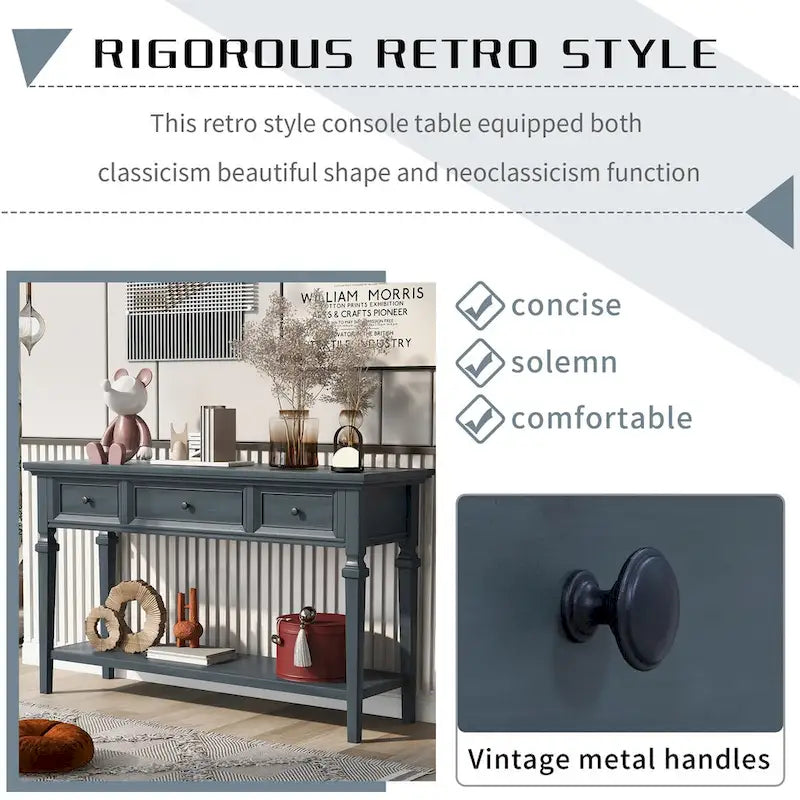 Retro Console Table with 3 Drawers and Bottom Shelf