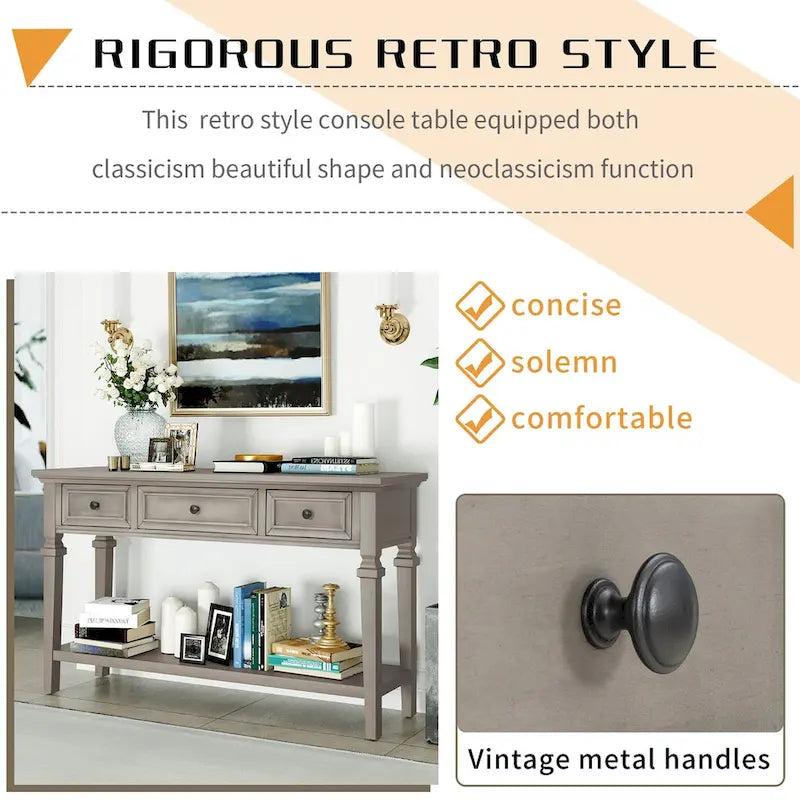 Retro Console Table with 3 Drawers and Bottom Shelf