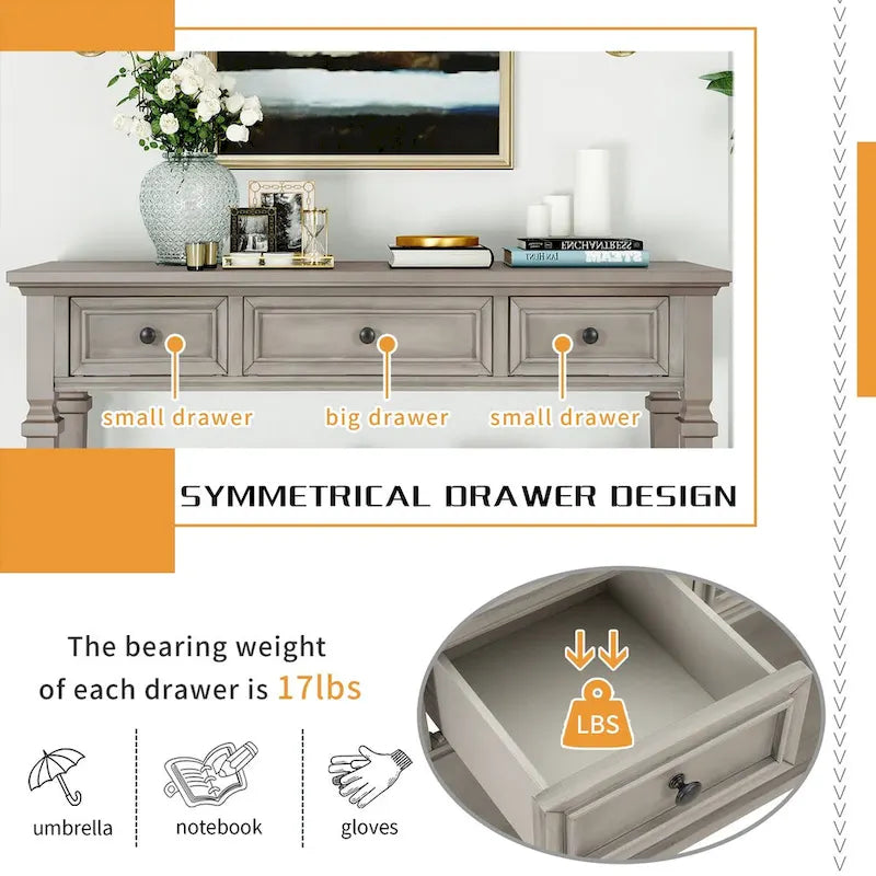 Retro Console Table with 3 Drawers and Bottom Shelf