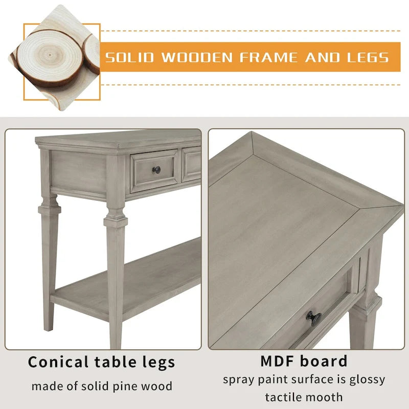 Retro Console Table with 3 Drawers and Bottom Shelf