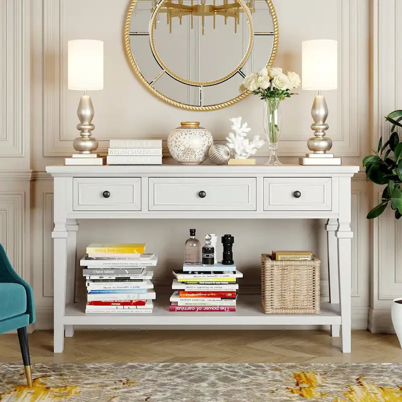 Retro Console Table with 3 Drawers and Bottom Shelf