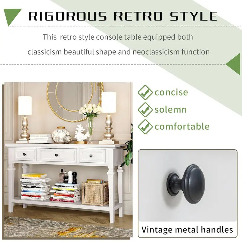 Retro Console Table with 3 Drawers and Bottom Shelf